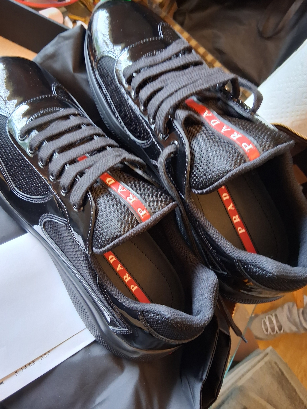 New Prada Black Patent & Mesh Men's Sneakers with Red Logo Tape